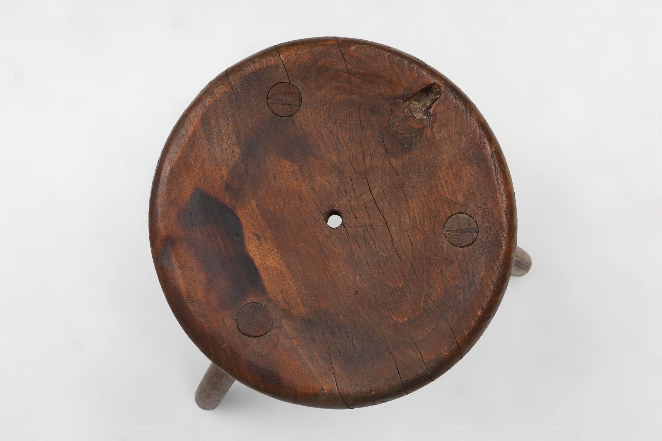 Hand-carved solid wood tripod stool with beautiful patina, France ca. 1900thumbnail